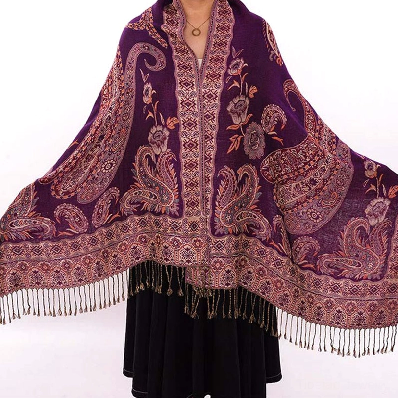 Tibetan paisley shawl dark magenta color variant showing rich tone and intricate pattern detail