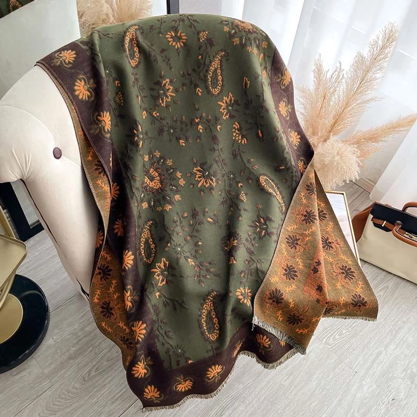 Tibetan dark olive green paisley shawl with traditional floral motif and soft texture
