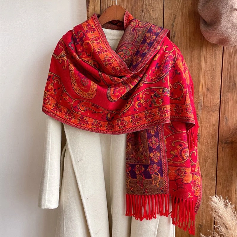 Dark Sea Green Tibetan tassel shawl detail view showing fine jacquard weave and paisley pattern definition