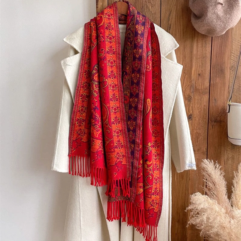 Dark Sea Green Tibetan paisley tassel shawl draped on model showing rich color depth and soft fabric drape