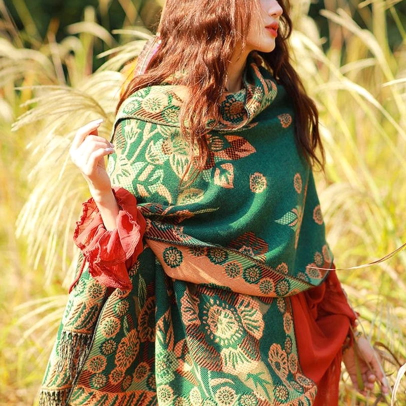 Dark cyan Tibetan ethnic paisley shawl variant showcasing cool-toned color palette within traditional Himalayan design