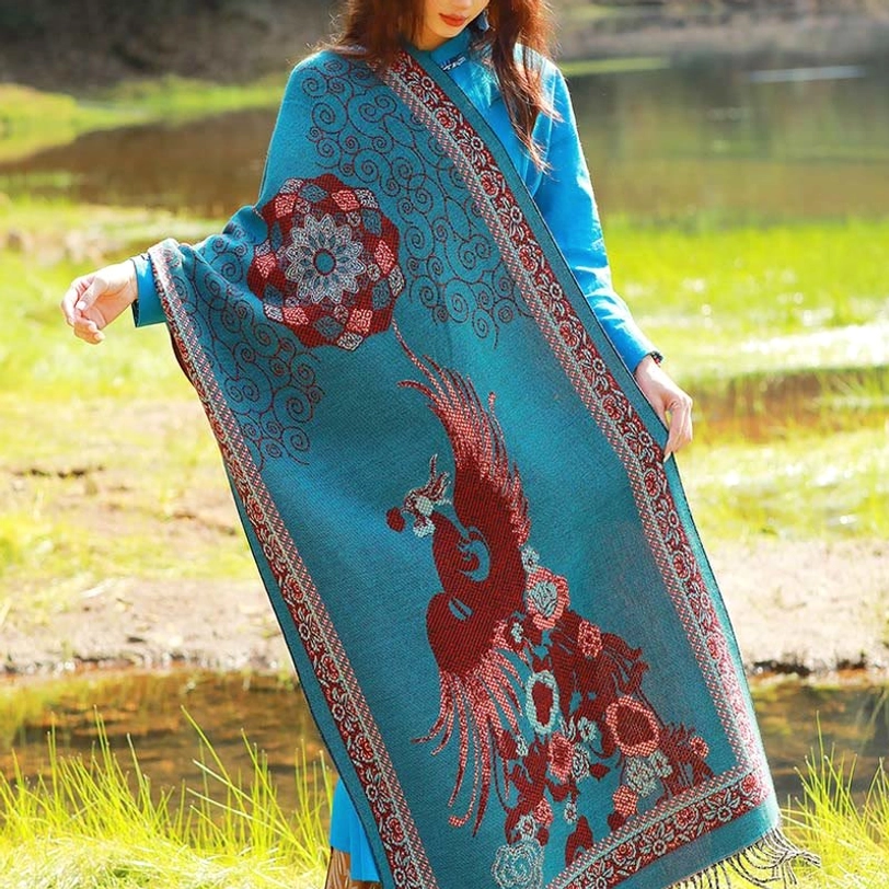 Dark cyan Tibetan vines bird floral paisley shawl variant with tassel fringe showcasing cultural motif symbolism and artisanal quality