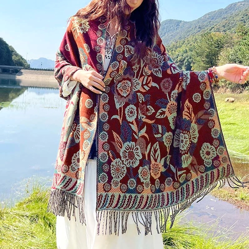 Dark red Tibetan floral paisley shawl variant showing rich color option and intricate botanical pattern detail