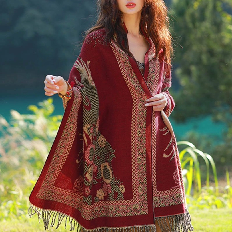 Dark red Tibetan vines bird floral paisley shawl variant representing freedom spiritual ascension and Himalayan heritage