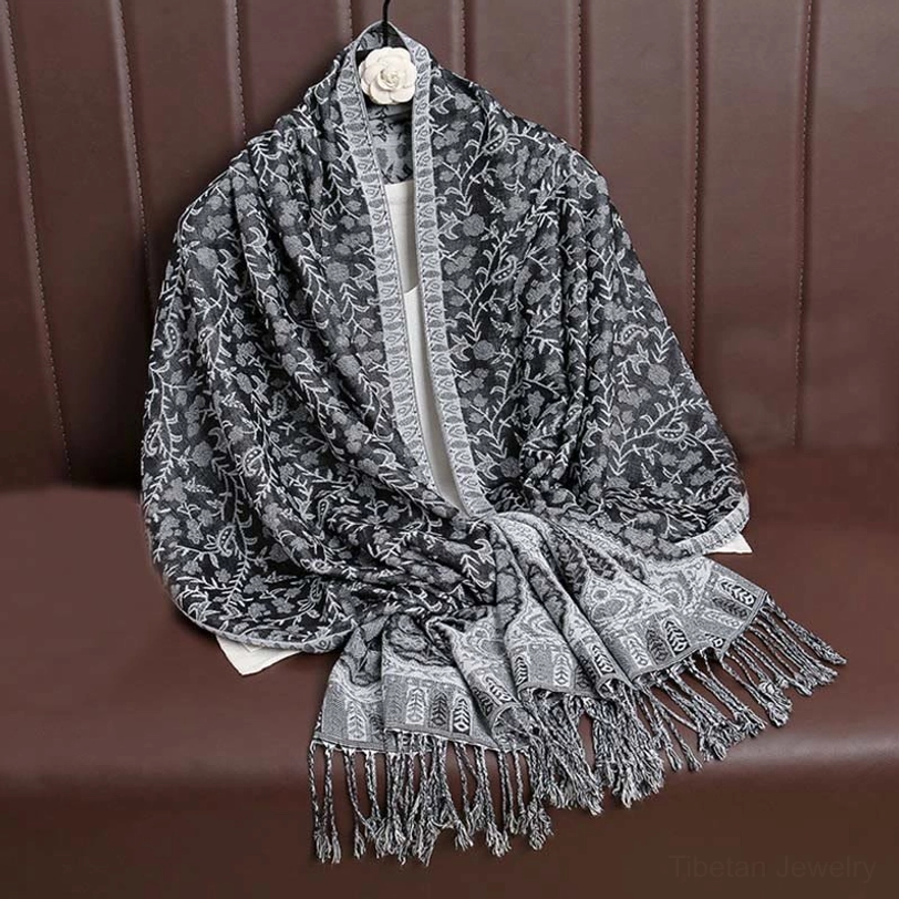 Tibetan paisley shawl in dim gray sophisticated neutral tone providing versatile color option for minimalist and boho styling