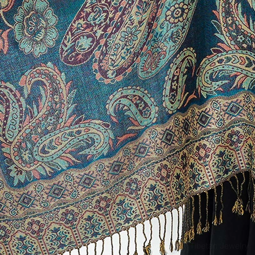 Tibetan paisley bohemian shawl product image showing full dimensions and tassel fringe details