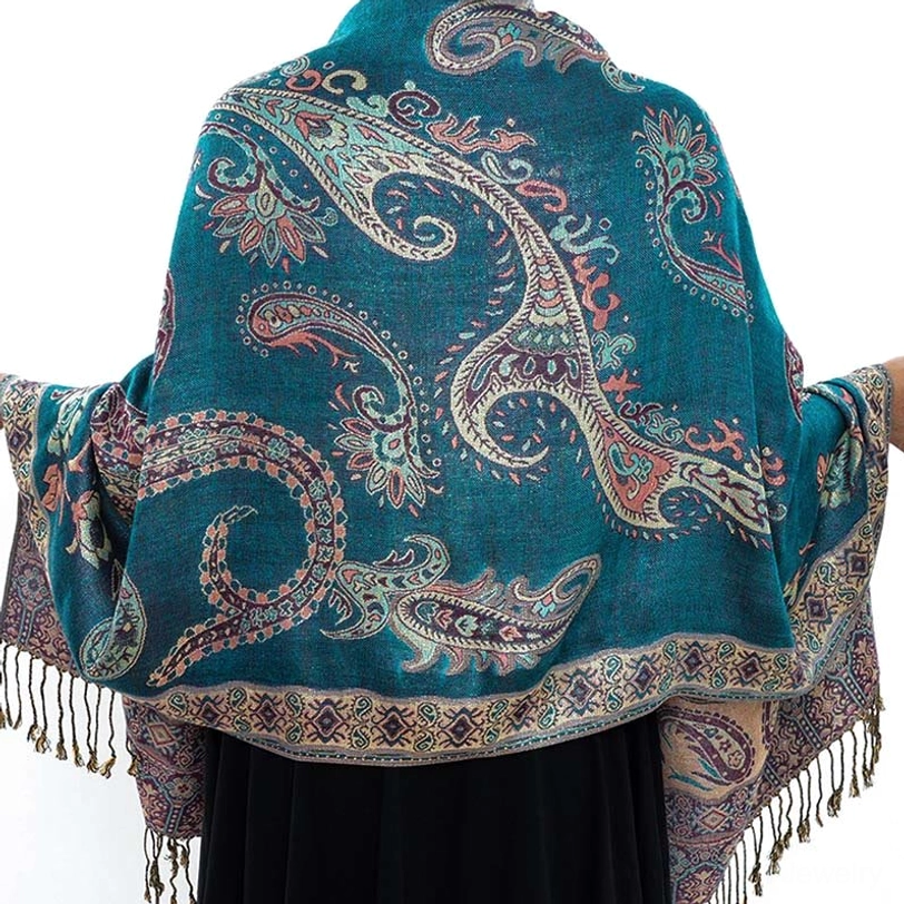 Bohemian paisley tassel shawl draped styling view showcasing versatile wear options
