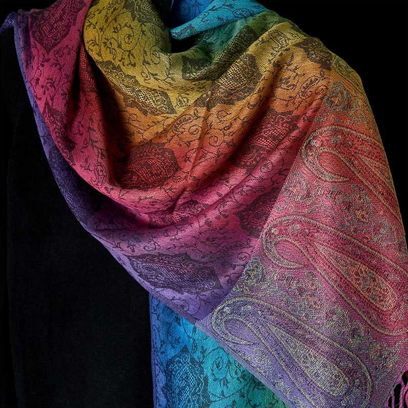 Tibetan paisley shawl drape demonstration - how to wear handwoven bohemian gradient wrap