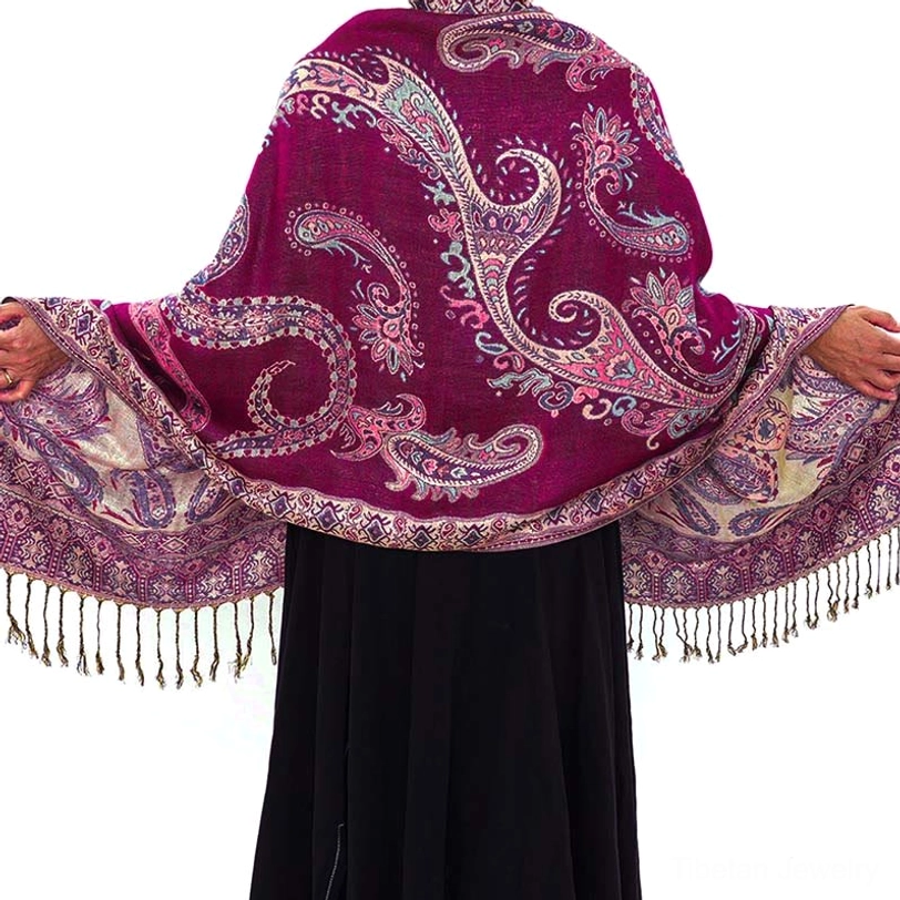 Bohemian paisley tassel shawl close-up showing premium rayon polyester blend fabric softness