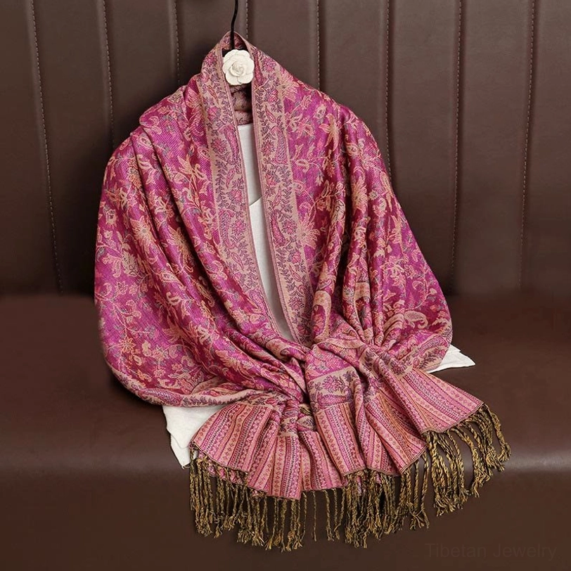 Tibetan paisley shawl material texture close-up showing 55% acrylic 45% rayon fabric quality