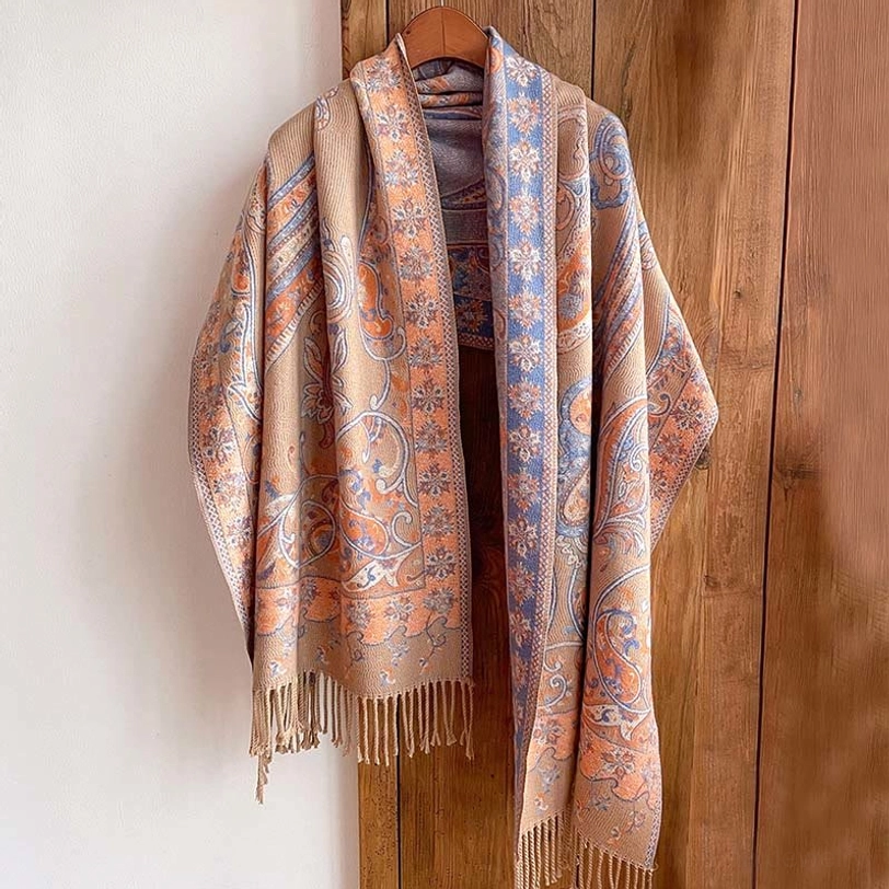 Tibetan paisley thermal shawl texture close-up showing premium acrylic and rayon blend softness