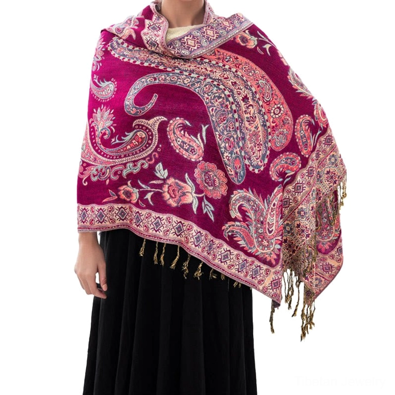 Tibetan paisley bohemian shawl fashion photography showing styling versatility and contemporary appeal
