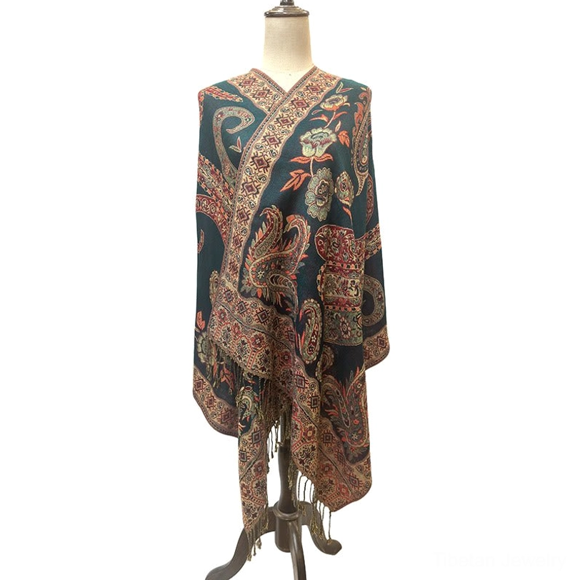 Bohemian paisley tassel shawl front presentation view with reddish-beige pattern on dark base