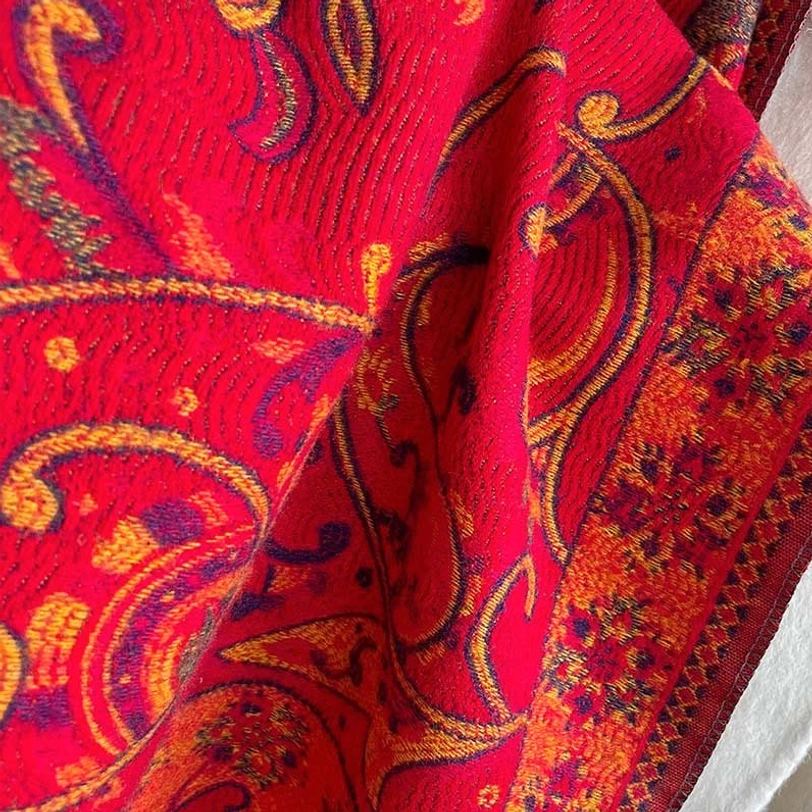 Tibetan thermal paisley shawl full product display showing color vibrancy and pattern depth