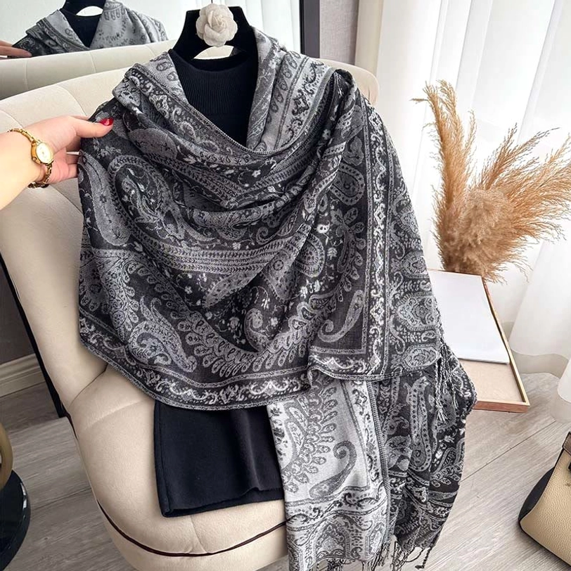 Tibetan paisley tassel shawl full length view showcasing complete design and fringe
