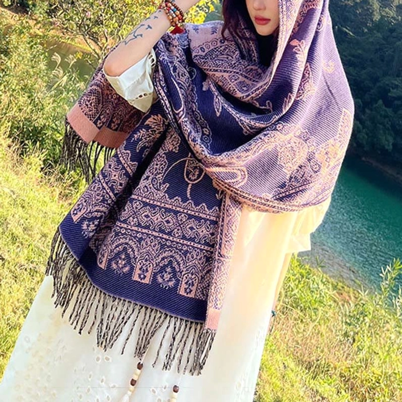 Tibetan jacquard paisley shawl laid flat displaying full pattern and tassel trim, suitable for home decor and sacred space styling