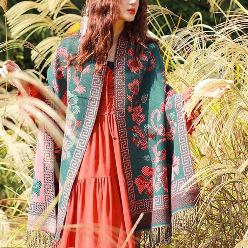 Tibetan paisley shawl showing natural variations and authenticity of individual handcrafted pieces from master artisans