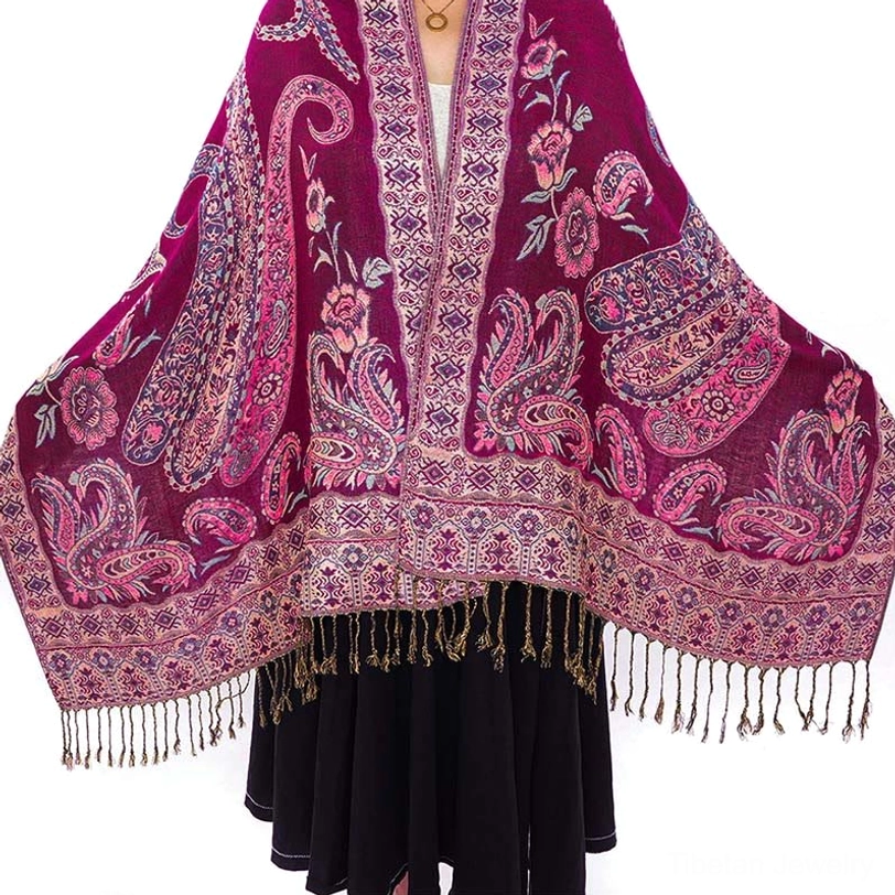 Bohemian paisley tassel shawl product detail view emphasizing handcrafted artisan workmanship