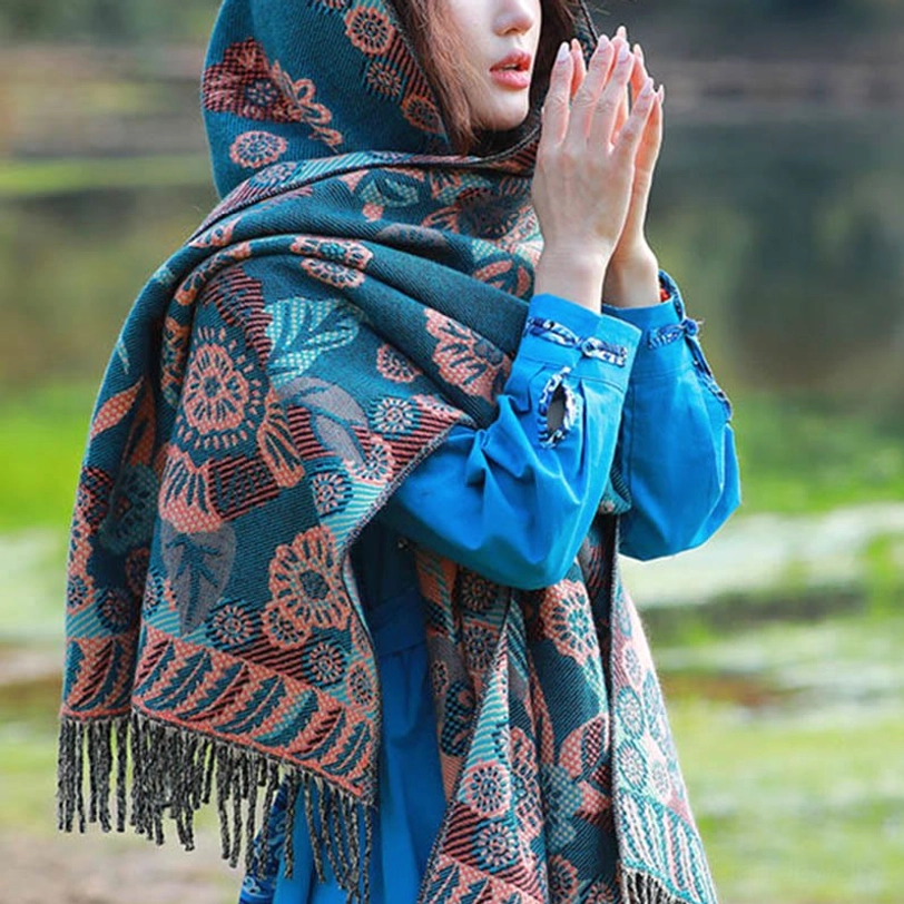Tibetan jacquard paisley shawl as cozy home throw demonstrating sofa styling and interior design integration for conscious living spaces