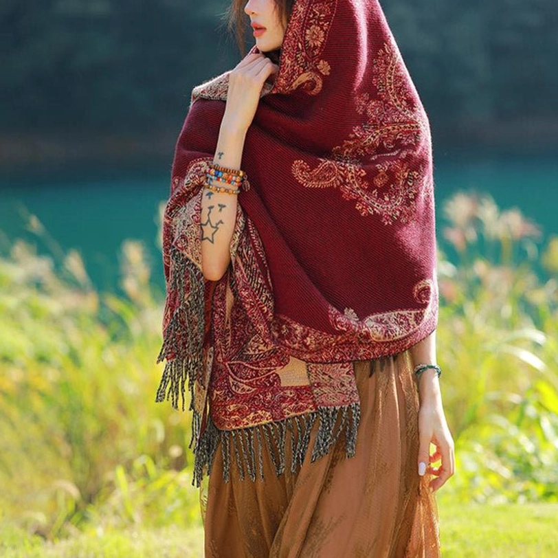 Hooded Tibetan vine leaf paisley shawl front side view with bracelet accessories