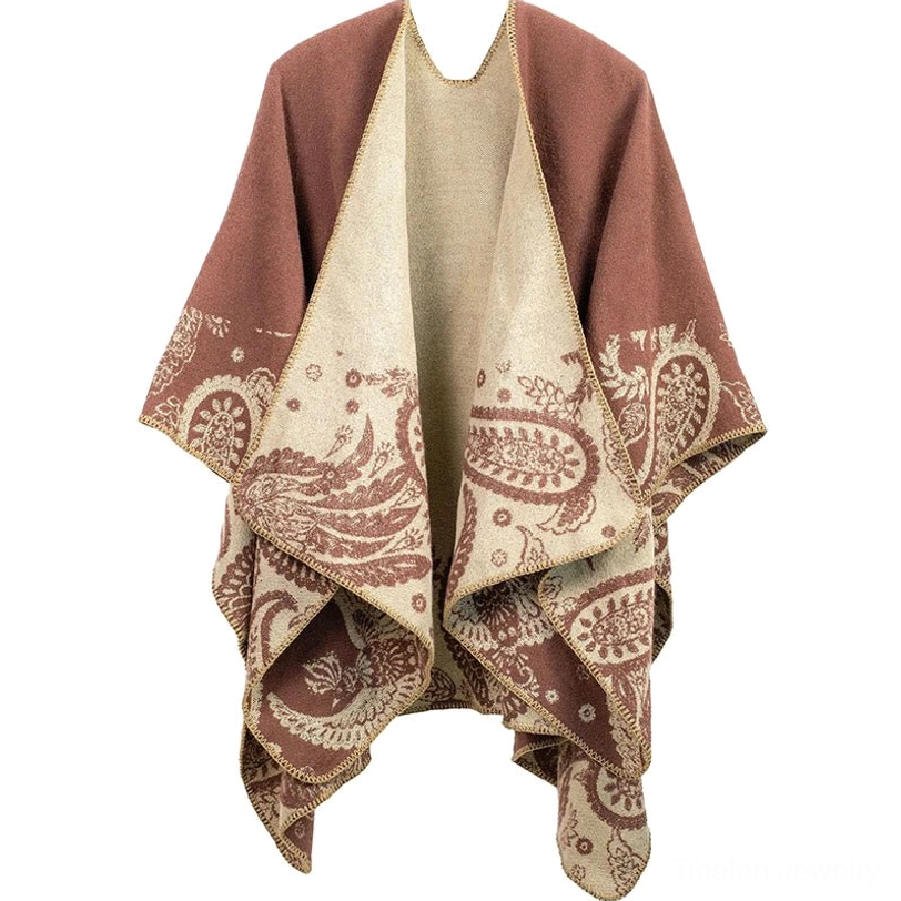 Indian red and beige Tibetan paisley jacquard shawl two-tone reversible design