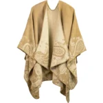 Tibetan paisley shawl khaki beige reversible wrap front view flat lay