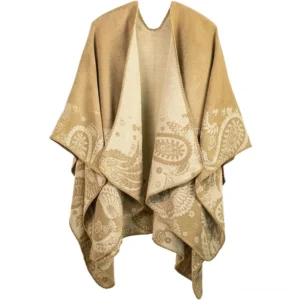 Tibetan paisley shawl khaki beige reversible wrap front view flat lay