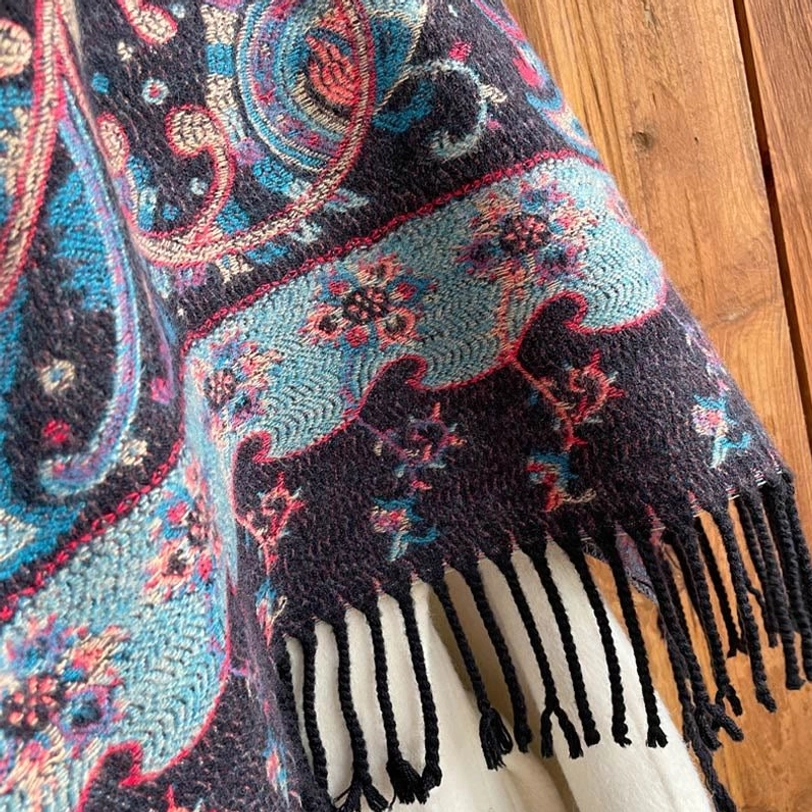 Khaki Tibetan paisley tassel shawl displayed showing neutral earth tone with traditional paisley motif