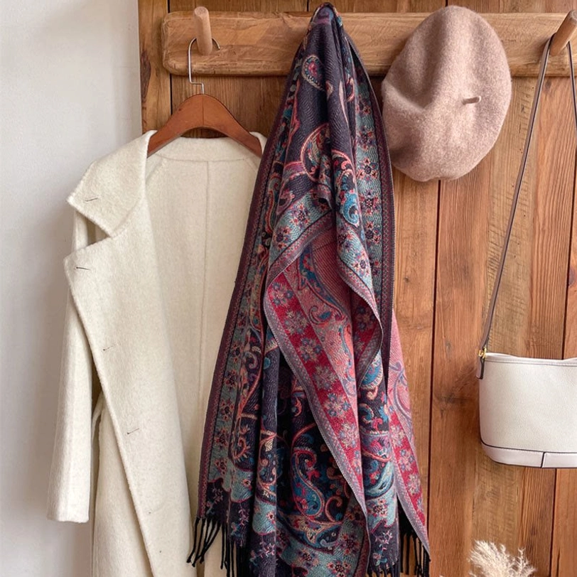 Khaki Tibetan paisley tassel shawl draped on model showing soft earth tone and comfortable wrap fit