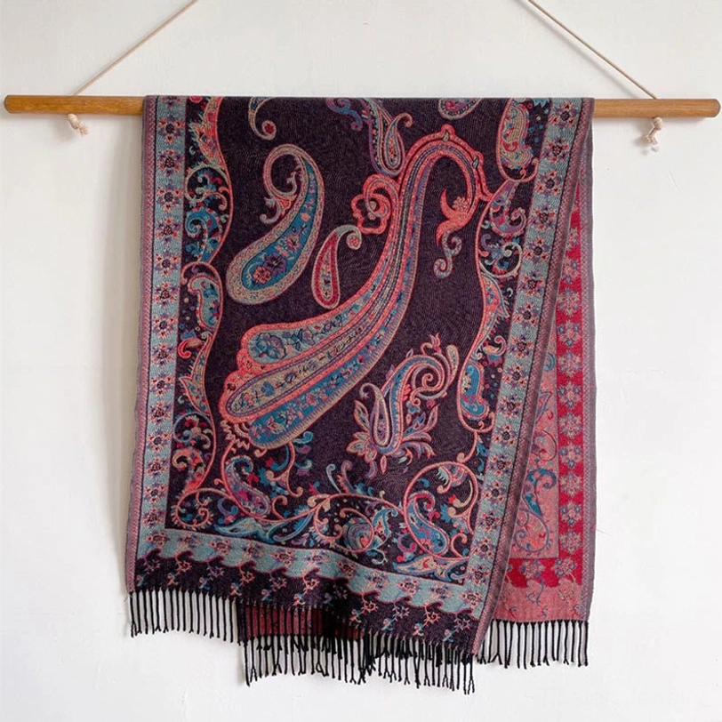 Khaki Tibetan tassel shawl full hanging display showing complete paisley pattern and traditional double-sided fringe