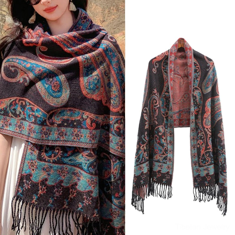 Khaki Tibetan paisley tassel shawl worn on model at outdoor location showcasing neutral color versatility
