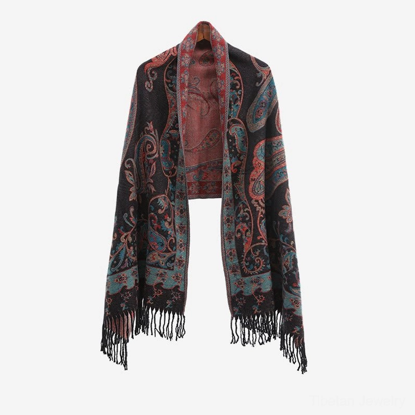 Khaki Tibetan paisley shawl side view on model showing natural earth tone and traditional tassel fringe detail