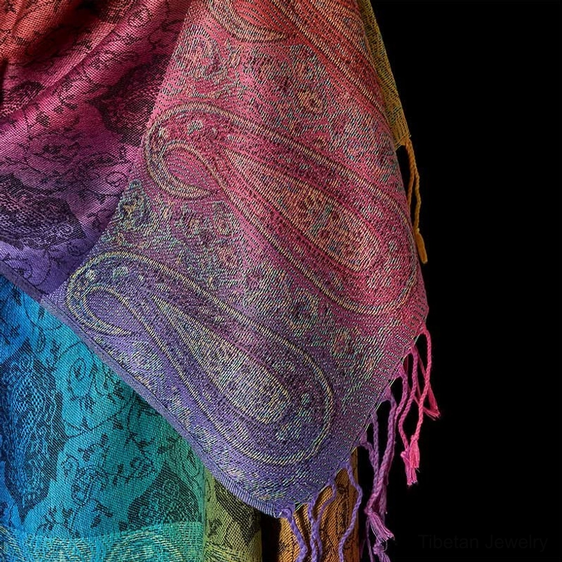 Lemon chiffon Tibetan paisley gradient tassel shawl - light tone handwoven spiritual wrap with paisley detail