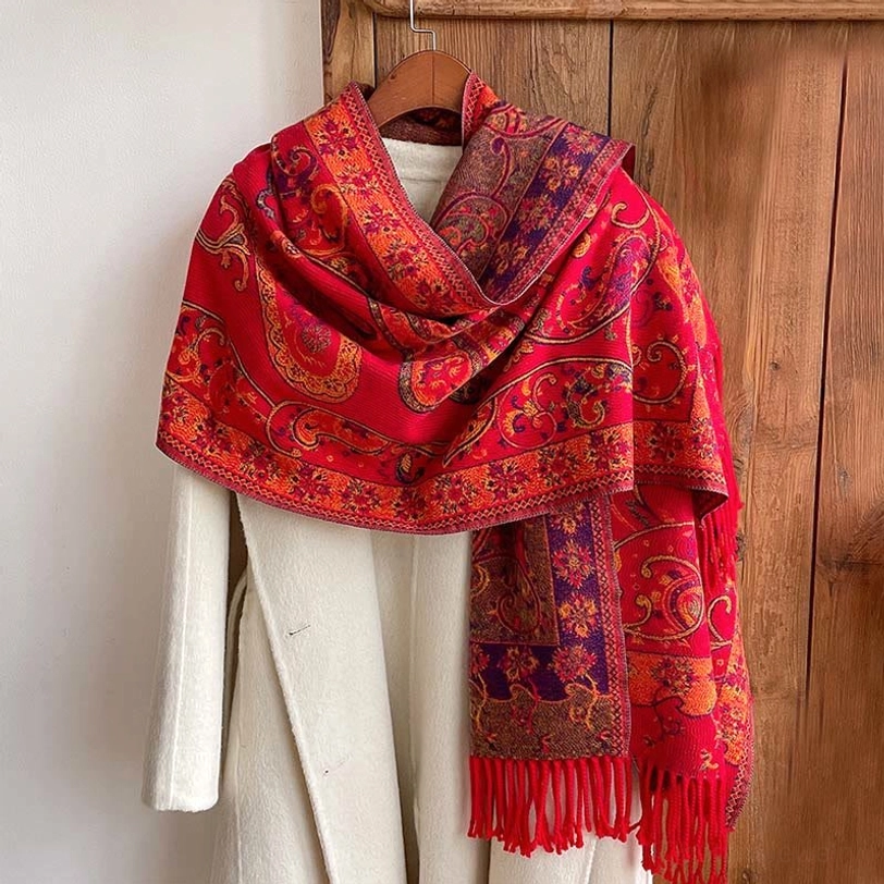 Tibetan handwoven paisley tassel shawl lifestyle shot showing versatile wear options