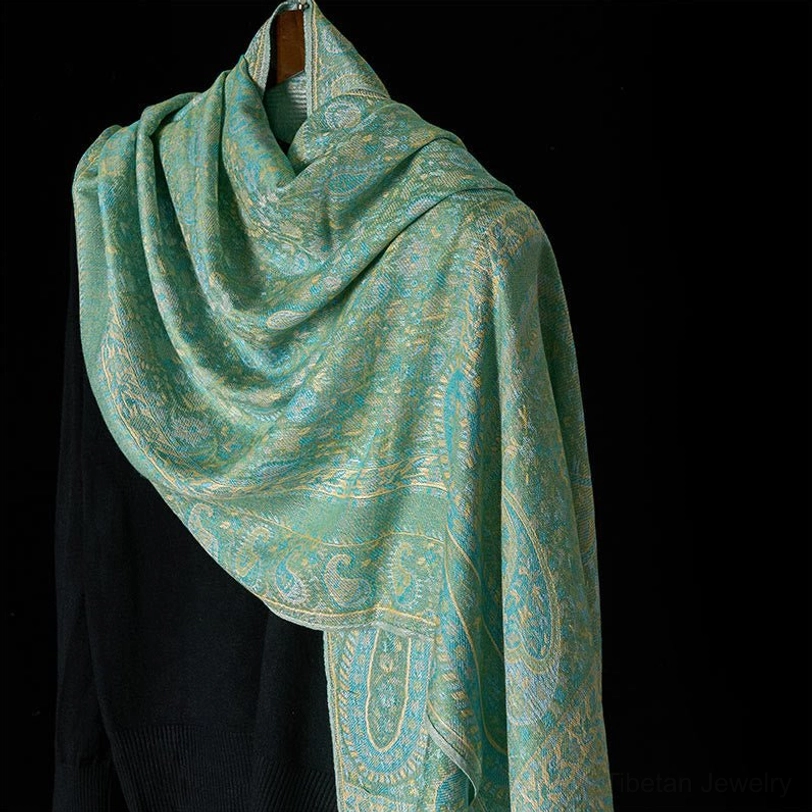 Tibetan paisley geometric shawl lifestyle shot, perfect for travel, meditation, yoga, and spiritual practice