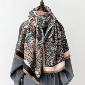 Tibetan ethnic paisley shawl with tassels draped on mannequin with grey wool coat, showing front three-quarter view of reversible geometric pattern