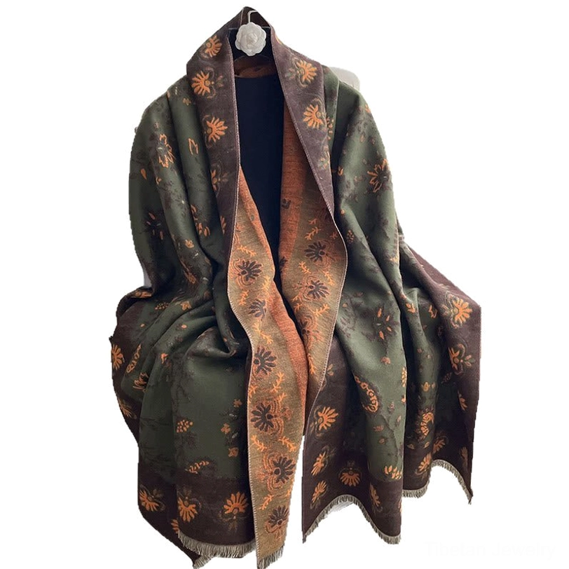 Tibetan handwoven paisley shawl showcasing master craftsman quality and natural dye colors