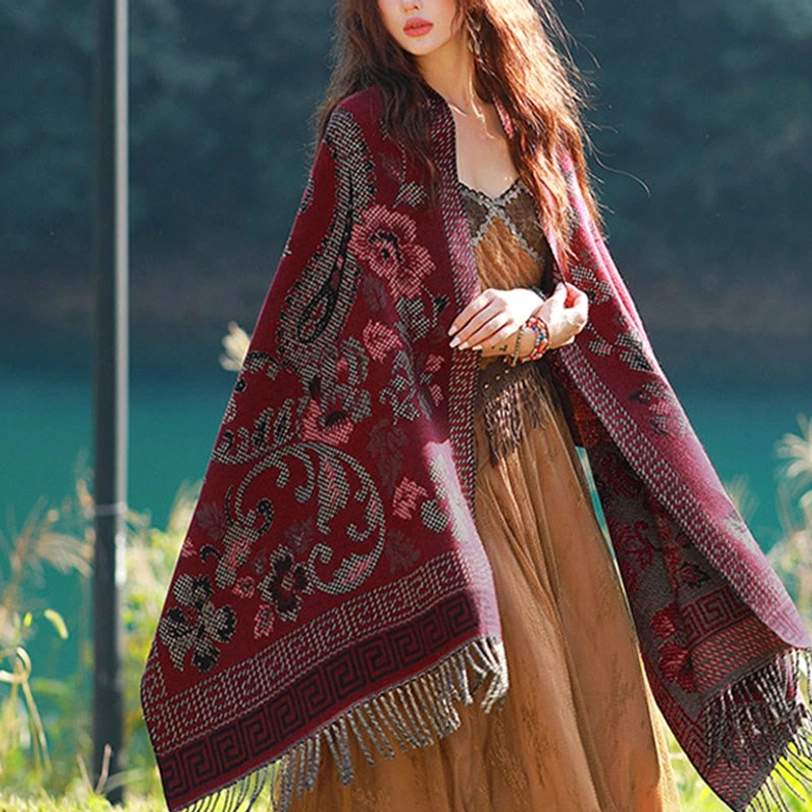 Tibetan ethnic paisley shawl material closeup showcasing 55% acrylic 45% rayon blend soft thermal comfort and durability
