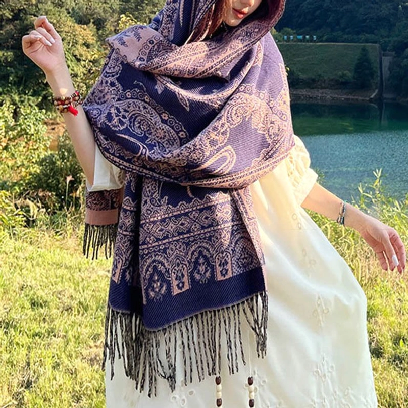 Tibetan paisley shawl as meditation wrap showcasing spiritual use for yoga and mindfulness practices with authentic cultural patterns