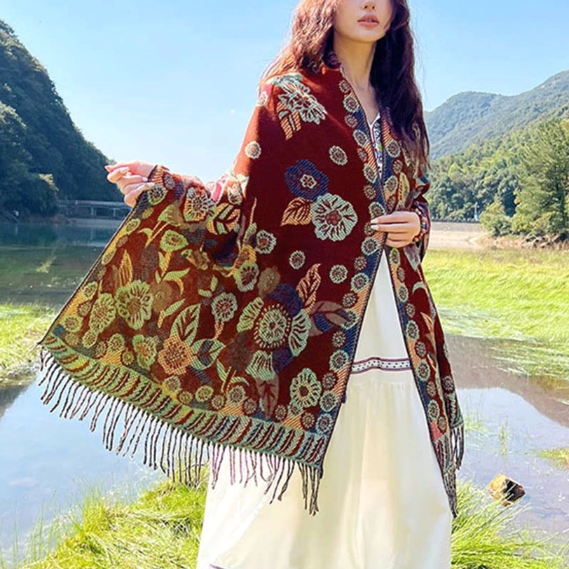 Tibetan ethnic paisley shawl demonstrating natural dyeing authenticity and handcrafted artisanal quality in every piece