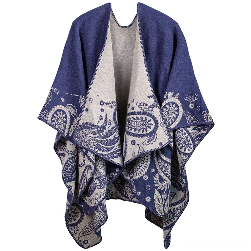 Dark slate blue and grey Tibetan paisley poncho shawl two-tone reversible front display