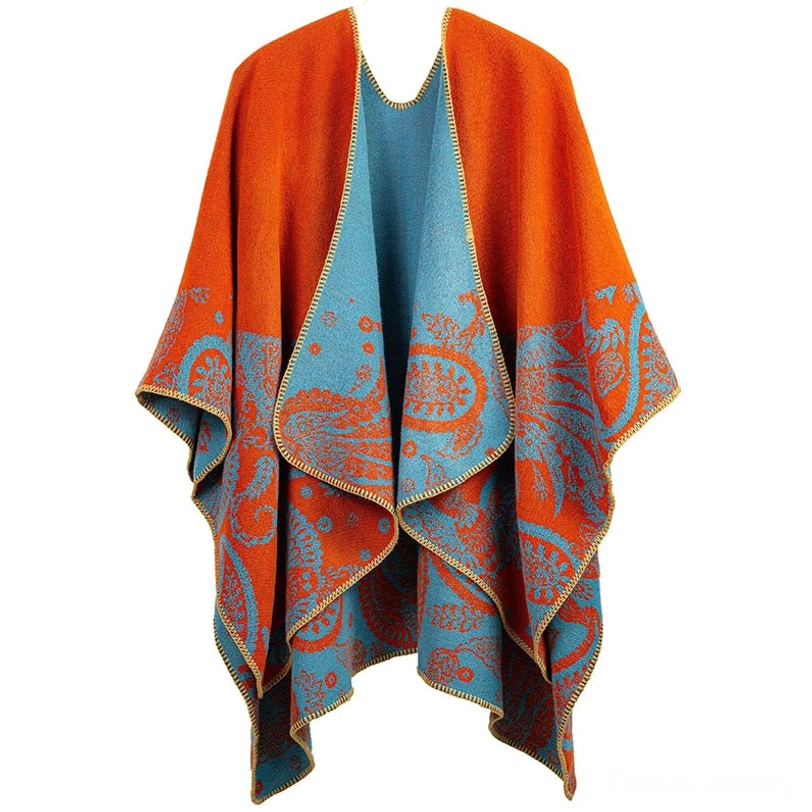 Bright orange and teal blue Tibetan thermal shawl paisley pattern with contrast stitching