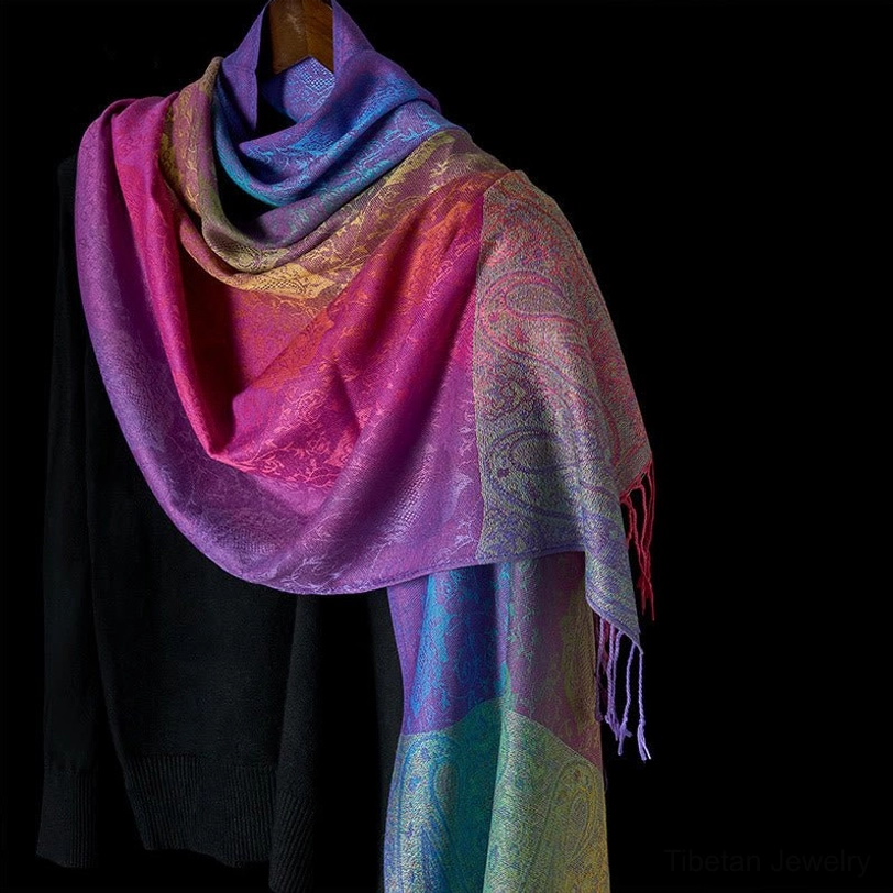 Orchid purple Tibetan paisley gradient tassel shawl back view - handwoven bohemian textile art piece