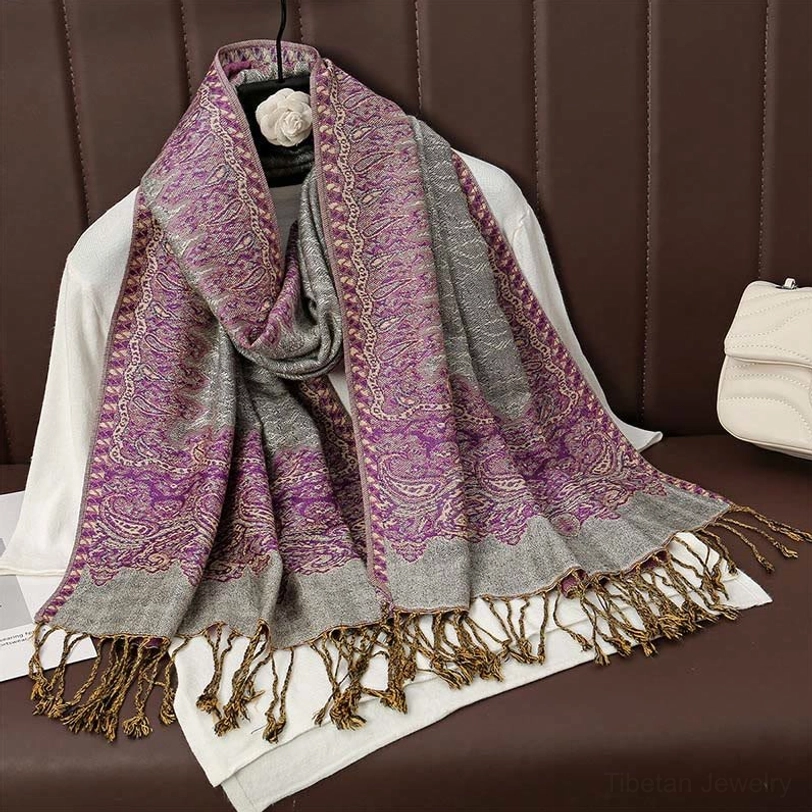 Orchid purple tibetan paisley jacquard tassel shawl showing vibrant color and traditional woven paisley motifs