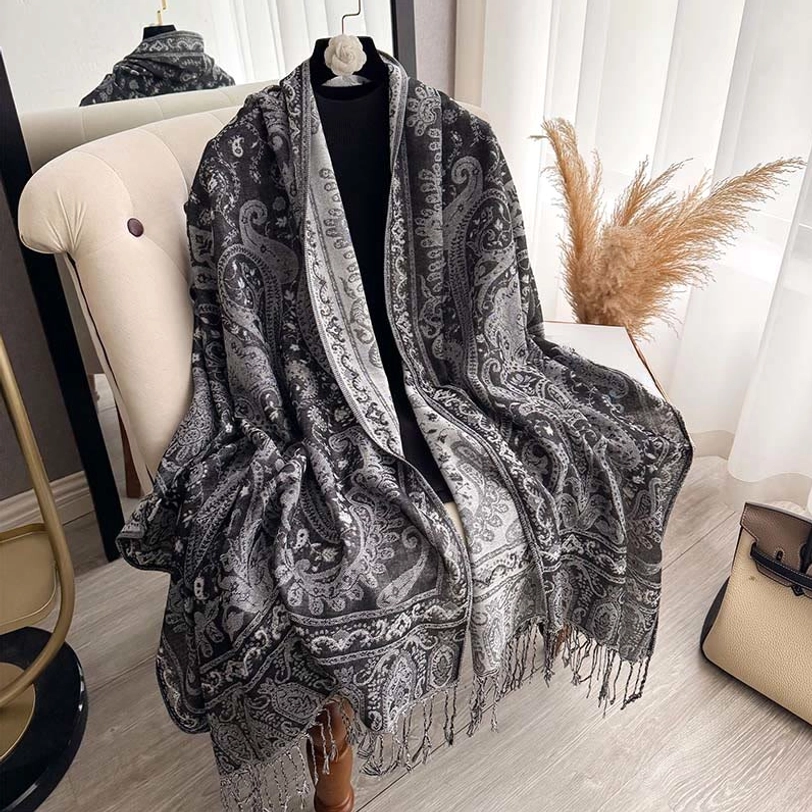 Tibetan handwoven paisley shawl detail shot showing intricate pattern and craftsmanship