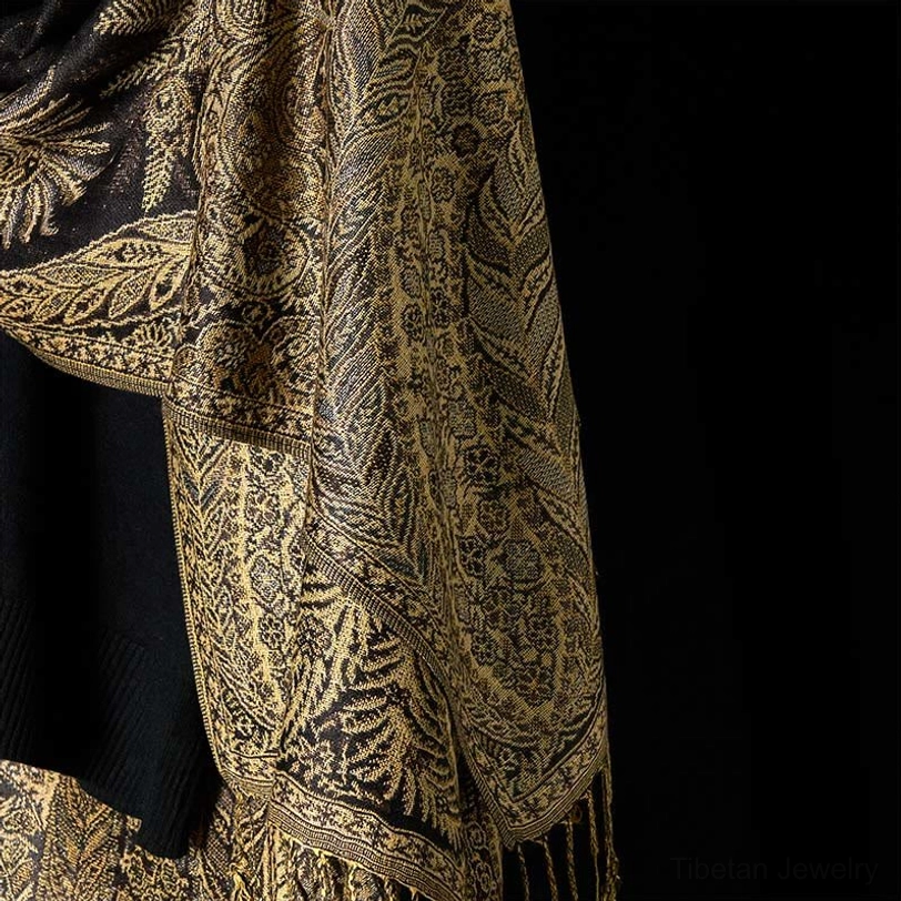 Tibetan paisley tassel shawl full product display - versatile wrap for occasions, styled with neutral background