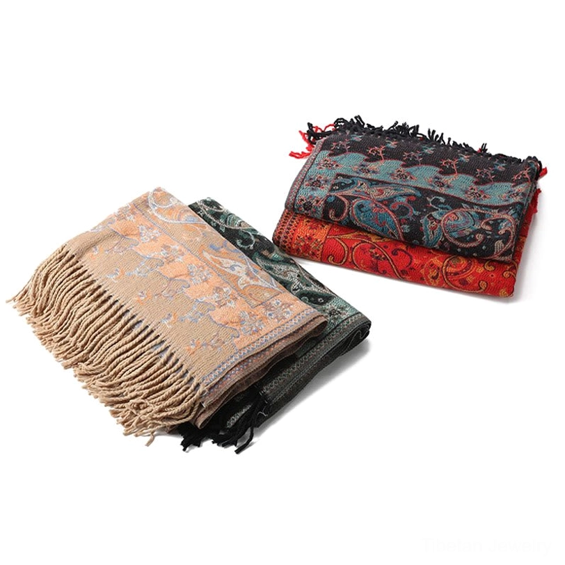 Tibetan paisley tassel shawl packaged product shot showing presentation and quality wrapping