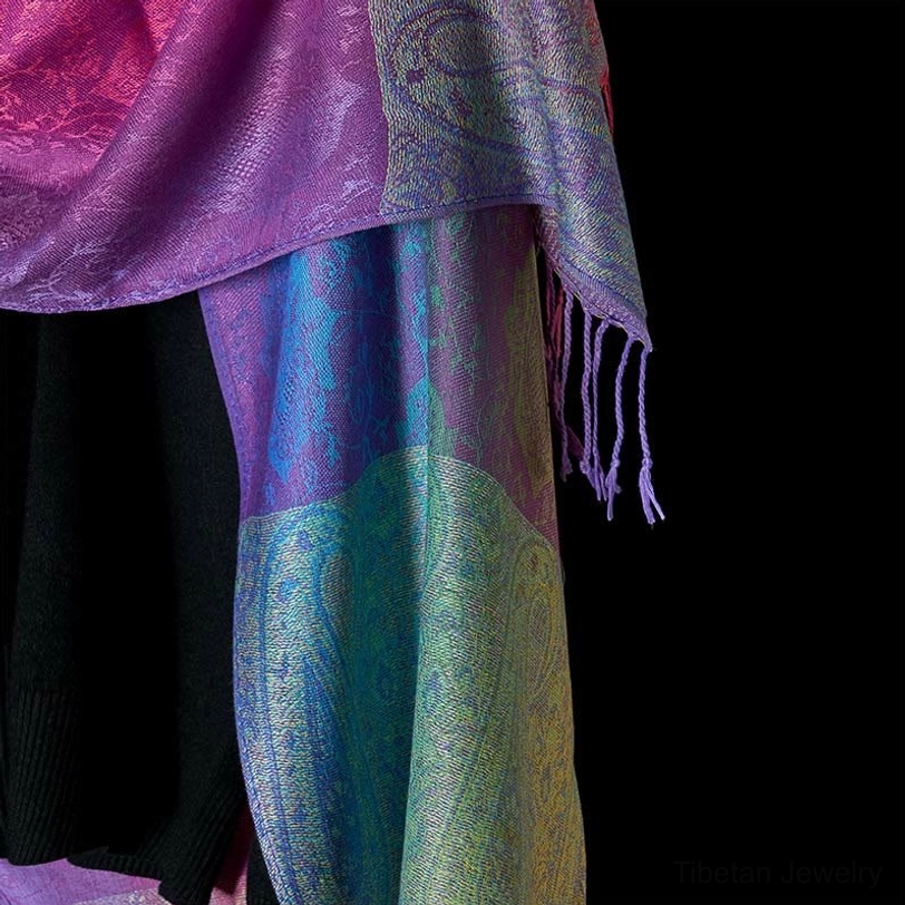 Tibetan paisley shawl purple blue side close-up - handwoven bohemian textile detail shot