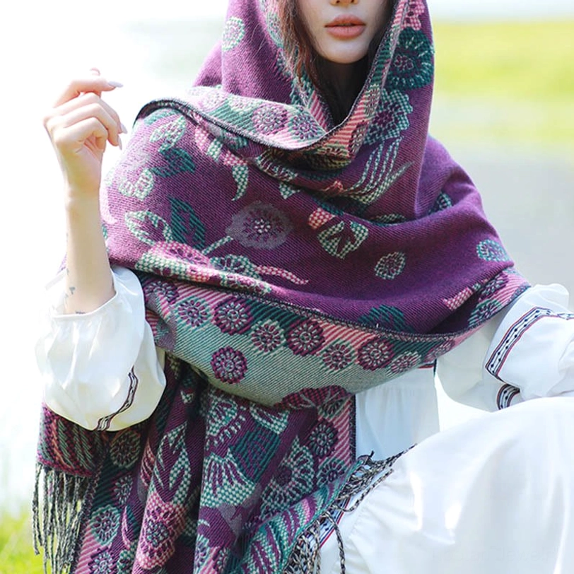 Purple Tibetan paisley ethnic shawl variant in natural lighting showing authentic color representation and soft woven texture
