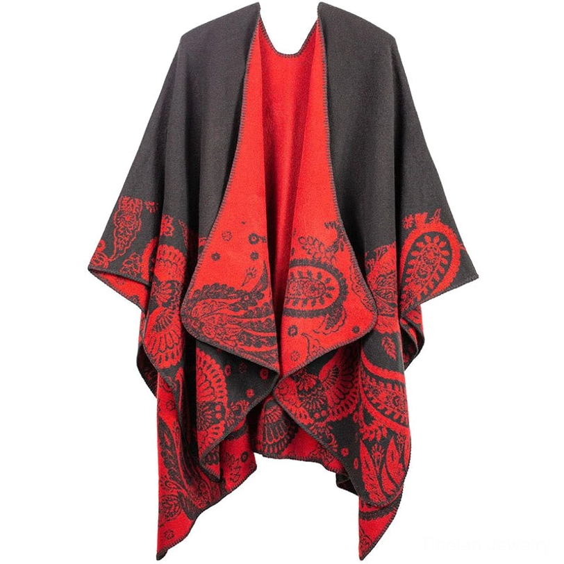 Red and black Tibetan paisley jacquard shawl wrap artisan crafted thermal comfort